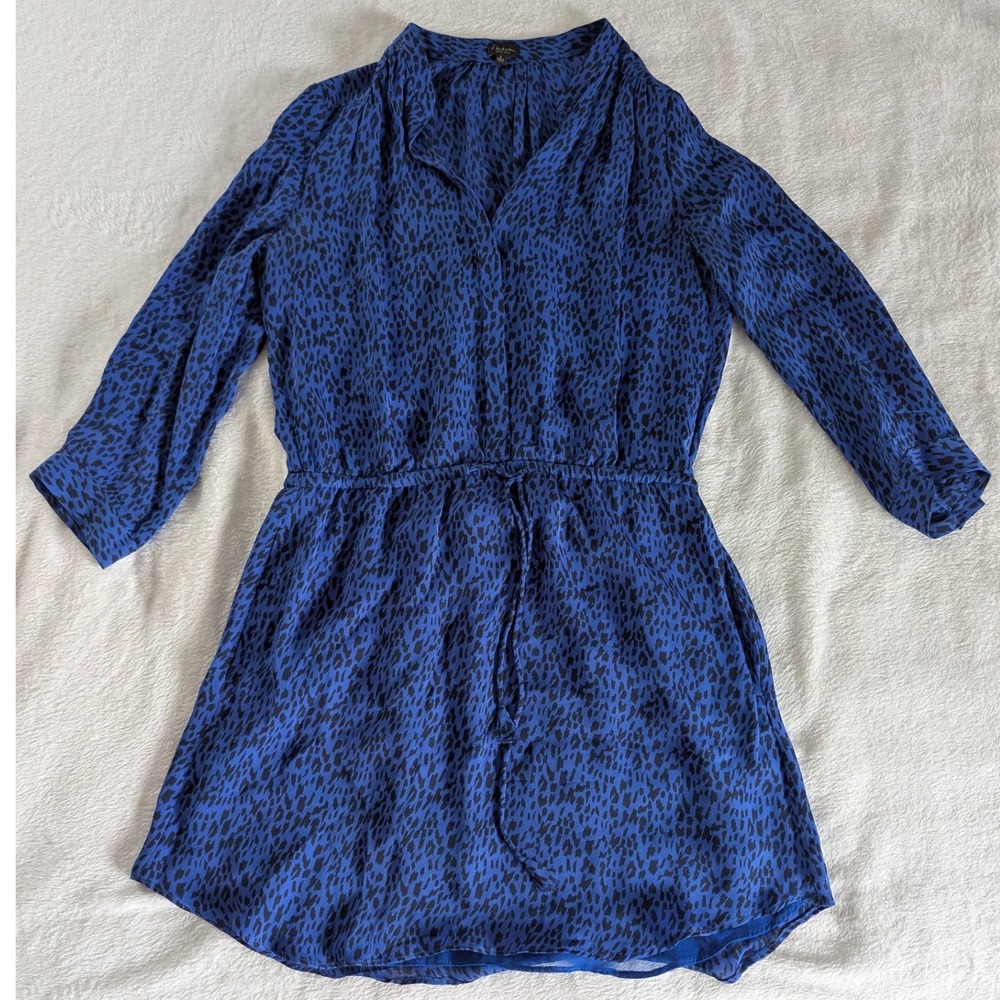 Babaton Silk Mini Dress Blue‎ Animal Print Drawstring Long Sleeve Womens Small